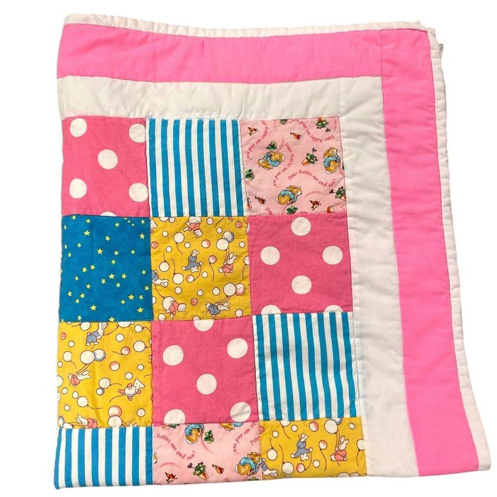 Handmade Baby Quilt Peter Rabbit Patchwork Blanket Bunnies Star Polka Dots 30x35 - Picture 3 of 9